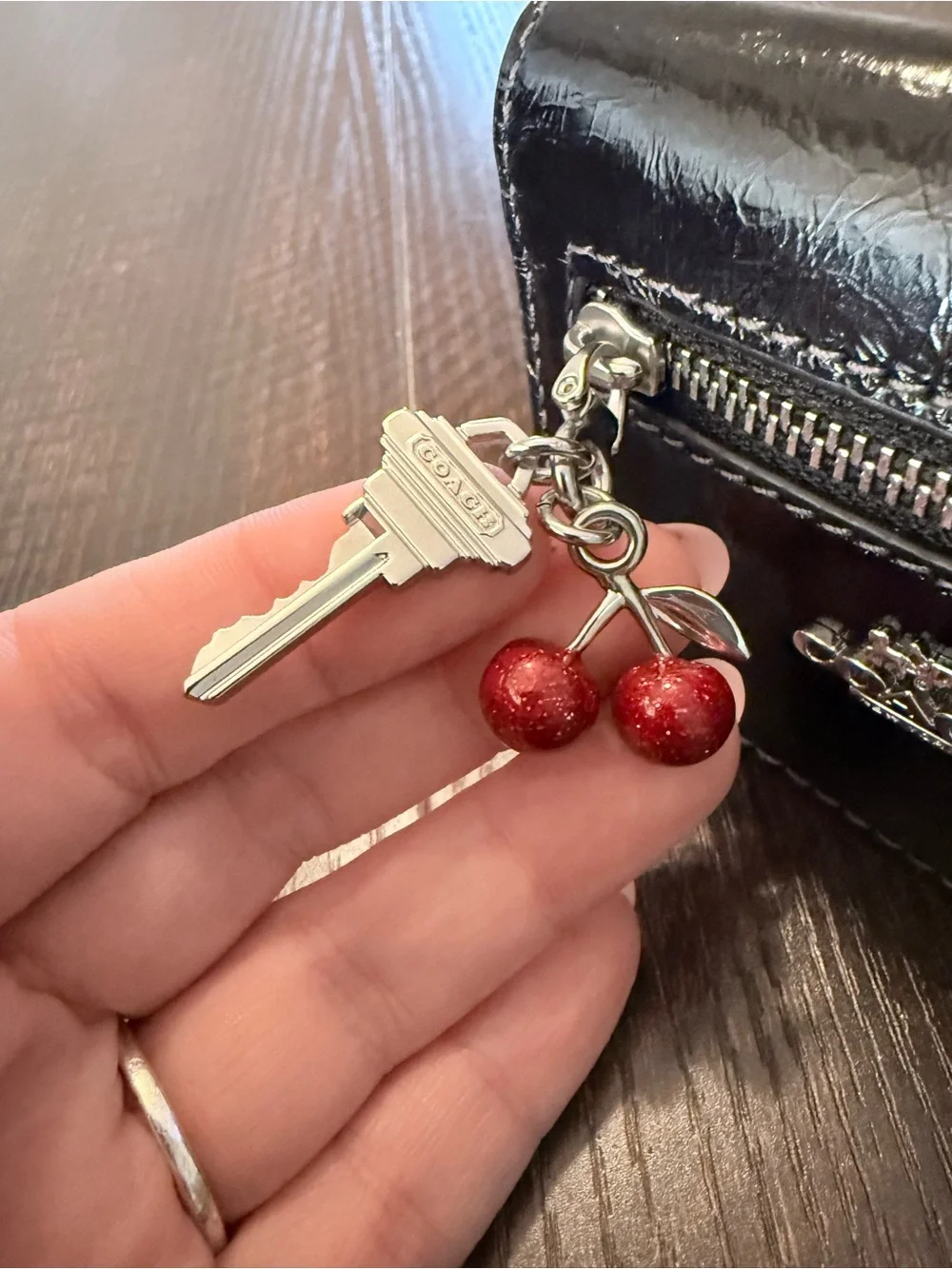 Coach Black Leather Card Holder with Cherry Charm